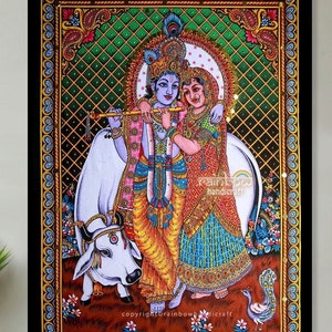 Tapeçaria Krishna Radha - Decoração de parede divina em algodão indiano com arte em lantejoulas