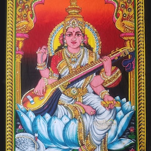 Hindu goddess Saraswati Tapestry Devi Cultural Wall Hanging Indian Divine Symphony Ethnic Art Print Poster 21 x 31 Inch
