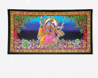 Radha Krishna Wandteppich, Indischer Wandbehang mit Pailletten, Hindu Gott Stoffposter Spirituelle Kunst Deko 56 x 107 cm