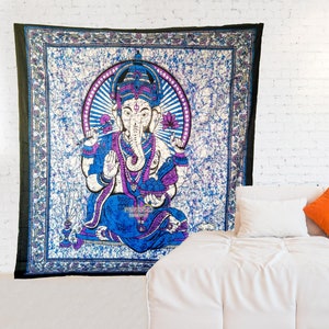 Lord Ganesha Batik Tapestry - Large Cotton Hindu Wall Hanging, Blue 82 x 92 Inch