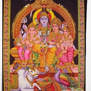 Hindu Lord Shiva Family Tapestry God Shiv Ganesh Parvati Sequin Hanging Poster Indian Ethnic Bohemian Decor Spiritual Wall Art