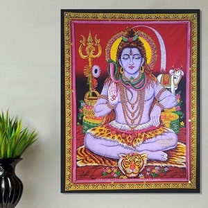 シヴァ神のタペストリー、ヒンドゥー教の神の壁掛け、インドのスピリチュアルな装飾、瞑想のための神聖な芸術、ヒンドゥー教の神の壁アート 110 x 81 cm