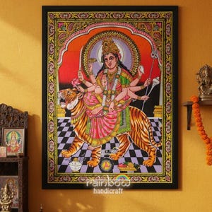Tapiz de pared de la diosa Durga, tapiz indio de algodón con lentejuelas, arte decorativo étnico espiritual hindú