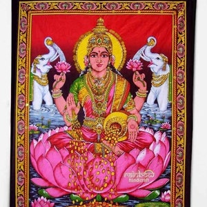 Lakshmi Goddess of Wealth Tapestry, Hindu Deity Laxmi Indian Wall Hanging for Home Decor,  Fabric Print Ethnic Art 30 x 41 Inch