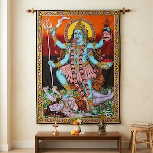 Goddess Kali Trampling Shiva Tapestry - Sequin Cotton Wall Hanging, Hindu Spiritual Decor (78x104 cm)
