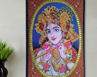 Lord Krishna Wandteppich – Hindu Flötenspieler Bansidhar | Indische Kunst mit Pailletten | Spirituelle Deko 76 x 106 cm