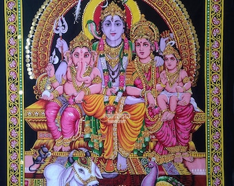Lord Shiva Family Tapestry – Hindu Spiritual Wall Hanging, Sequin Art Home Decor