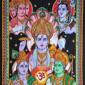 Hindu Gods Trinity Tapestry - Shiva, Vishnu, Rama, Krishna, Brahma Sequin Wall hanging poster Indian ethnic print