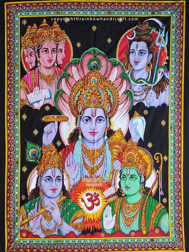 Hindu Gods Trinity Tapestry - Shiva, Vishnu, Rama, Krishna, Brahma Sequin Wall hanging poster Indian ethnic print