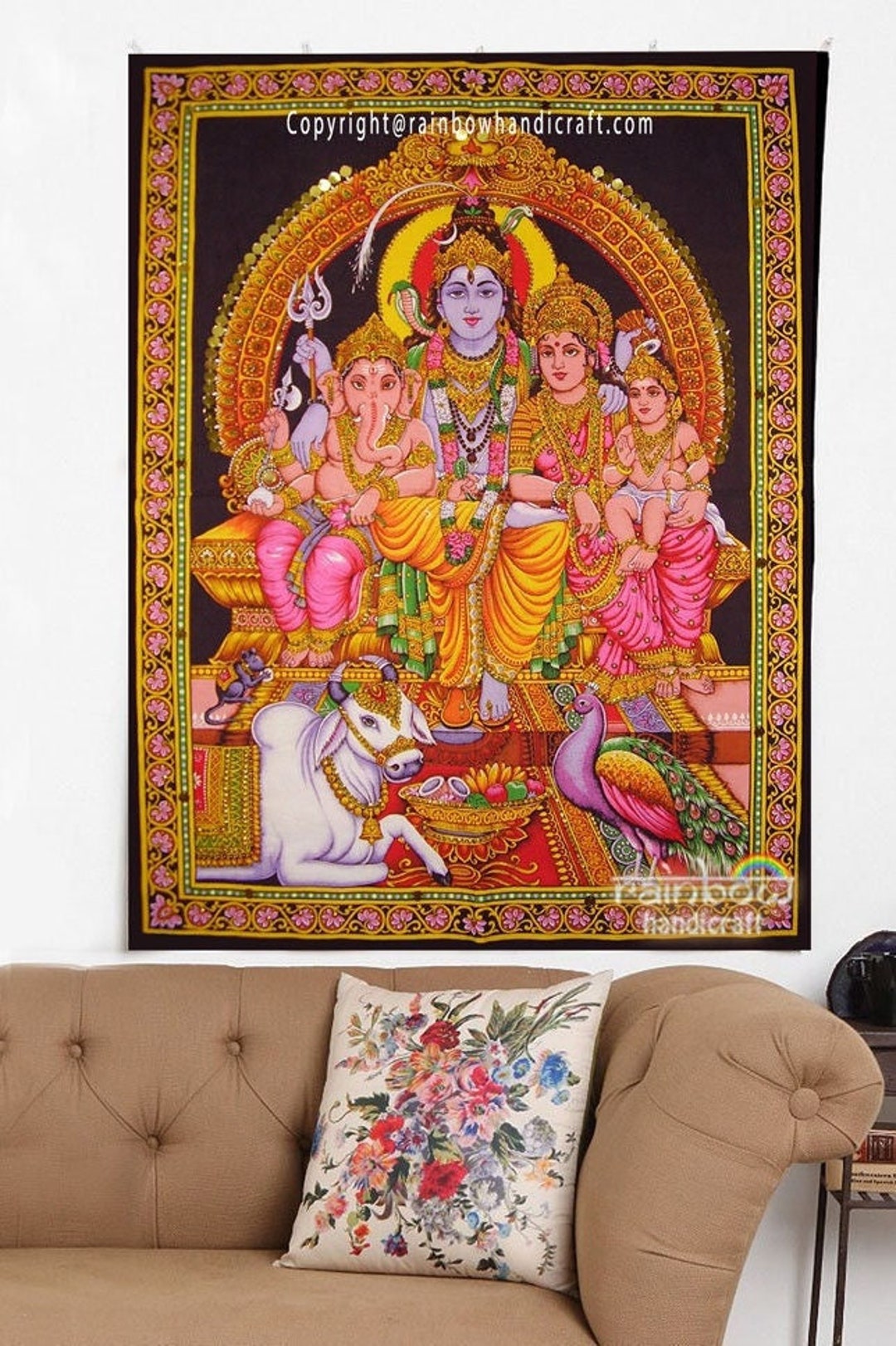 Hindu Lord Shiva Family Sequin Wall Hanging God Shiv Ganesh Parvati