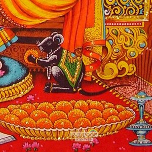 here mouse in tapestry, represents ego, and Ganesha riding the mouse symbolises the need to control ones ego