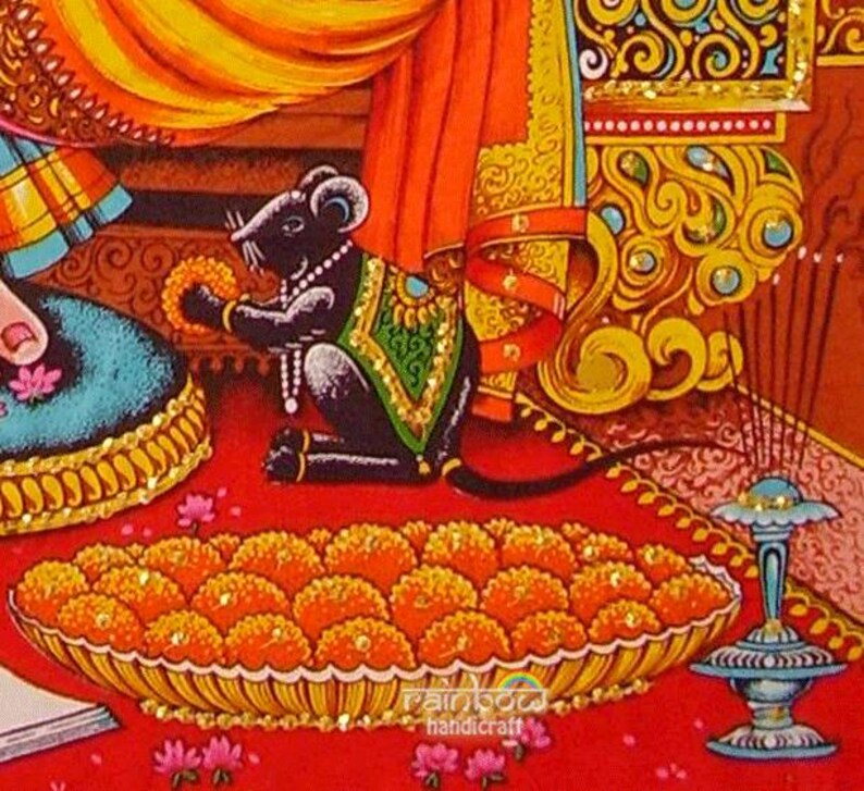 here mouse in tapestry, represents ego, and Ganesha riding the mouse symbolises the need to control ones ego