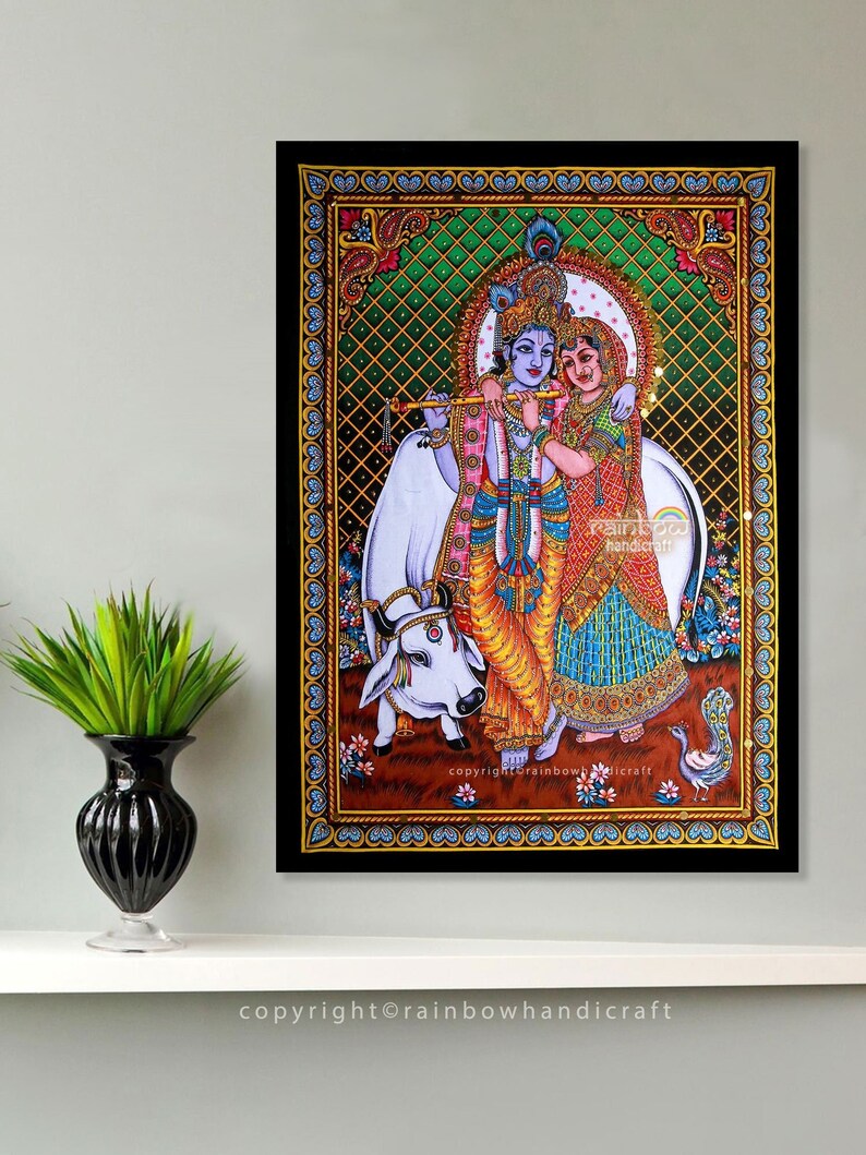 Buy Lord Krishna Radha Cow Sequin Wall Hanging Hindu God Tapestry