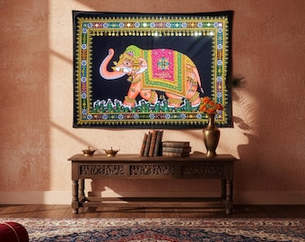 Arazzo indiano con elefante, decorazione tradizionale boho da appendere, poster artistico etnico per la casa