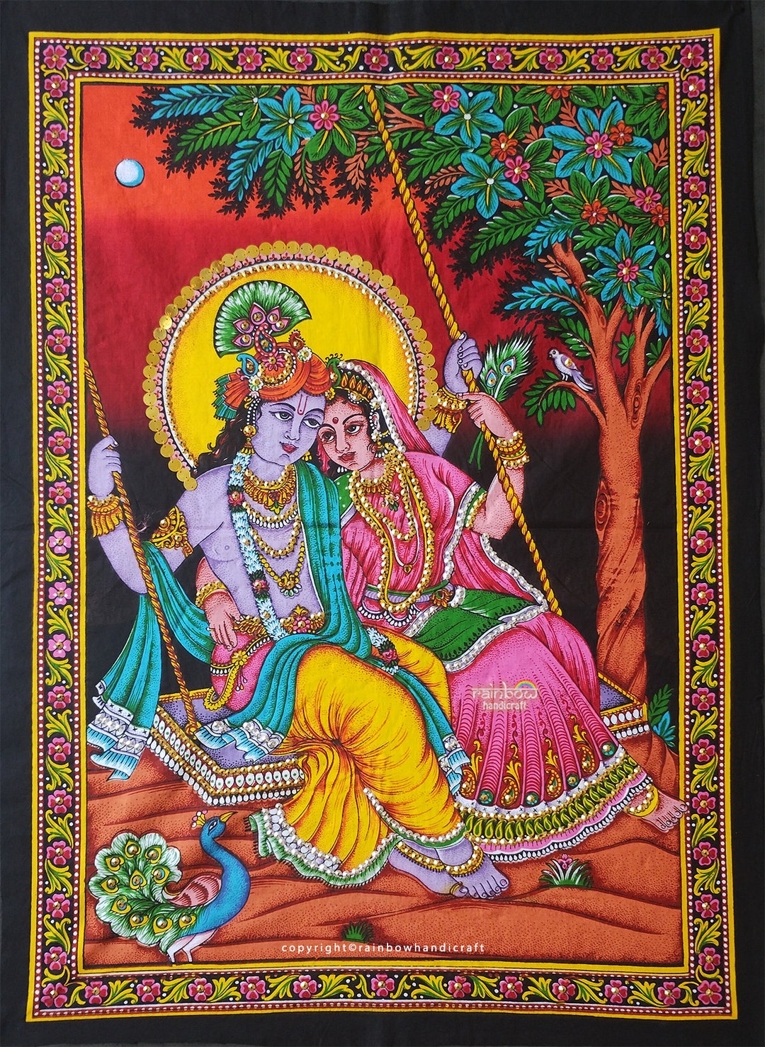 Lord Krishna Radha on Swing Sequin Wall Hanging Hindu God Tapestry