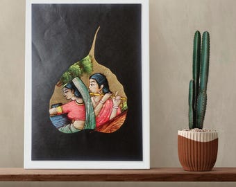 Dipinto di foglie di pipal di Radha Krishna, albero di fico sacro, arte indiana fatta a mano, regalo per la casa