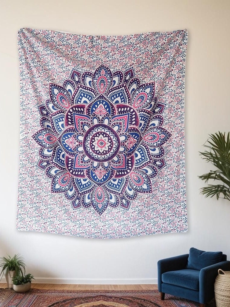 Tapiz de mandala con flor de loto - Tapiz de pared bohemio ombré, cortina de fondo, decoración hippie para el hogar