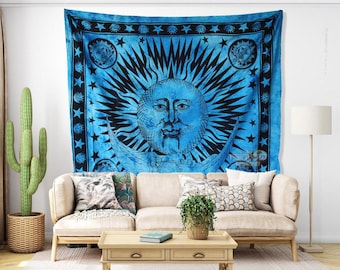 Burning Sun and Moon Tapestry Wall Hanging, Large Bohemian Cotton Decor, Hippie bedspread
