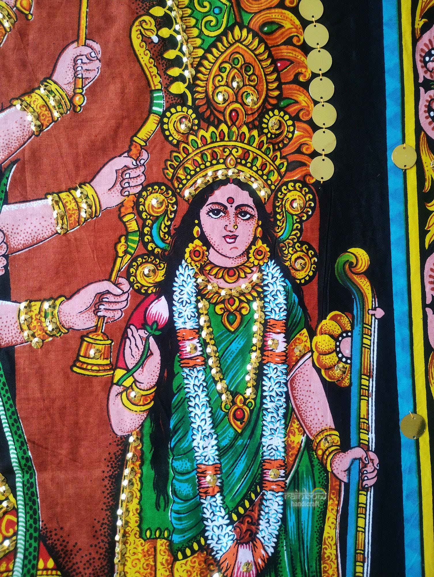 Poster Murale Purpledip Durga Ma In Cotone - Arazzo Spirituale 101x76 Cm Con Stampa Sequin, Multicolore
