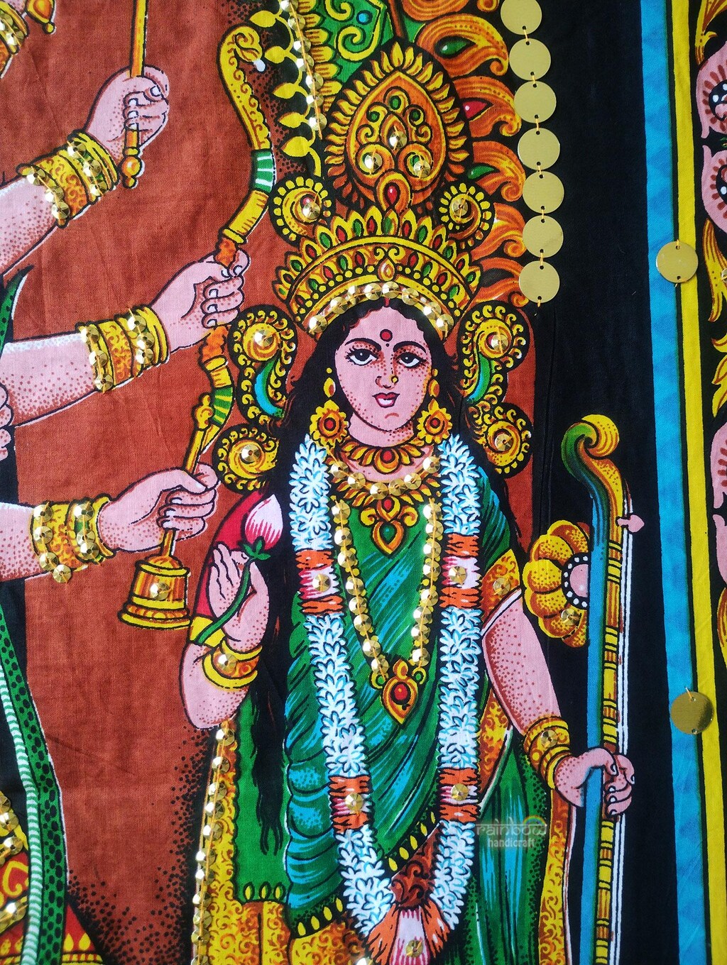 Poster Murale Purpledip Durga Ma In Cotone - Arazzo Spirituale 101x76 Cm Con Stampa Sequin, Multicolore