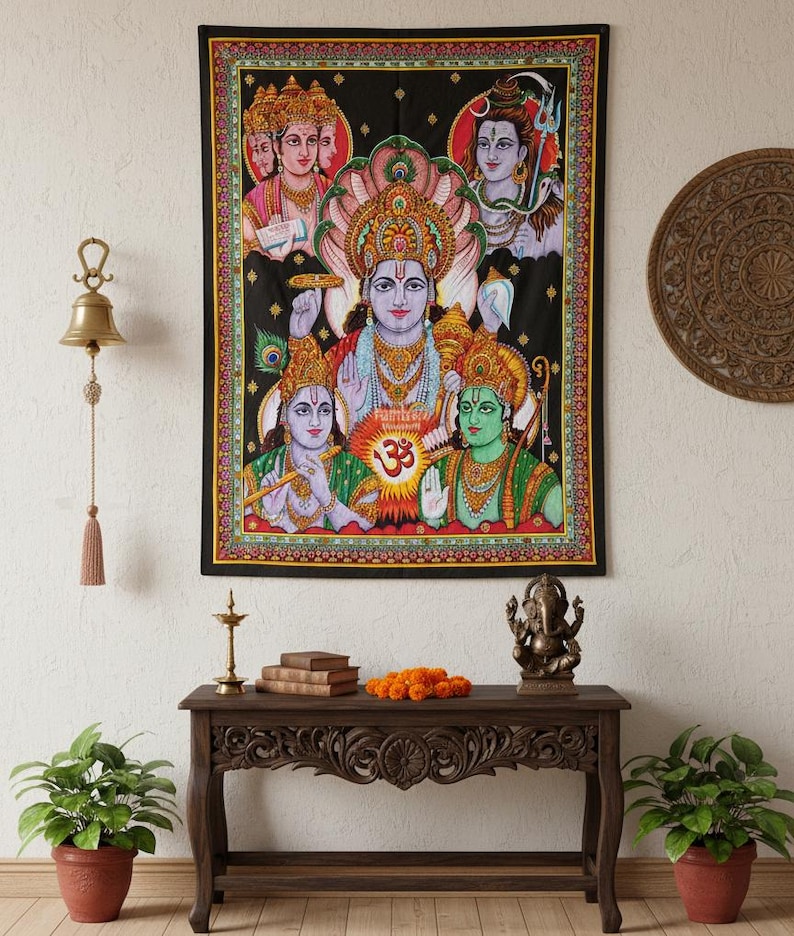 Hindu Gods Trinity Tapestry - Shiva, Vishnu, Rama, Krishna, Brahma Sequin Wall hanging poster on wall as spiritual room decor look.