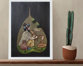 Indian Serpent Hand-painting art on a real pipal leaf, Traditional Sacred Fig art (19x12 cm)
