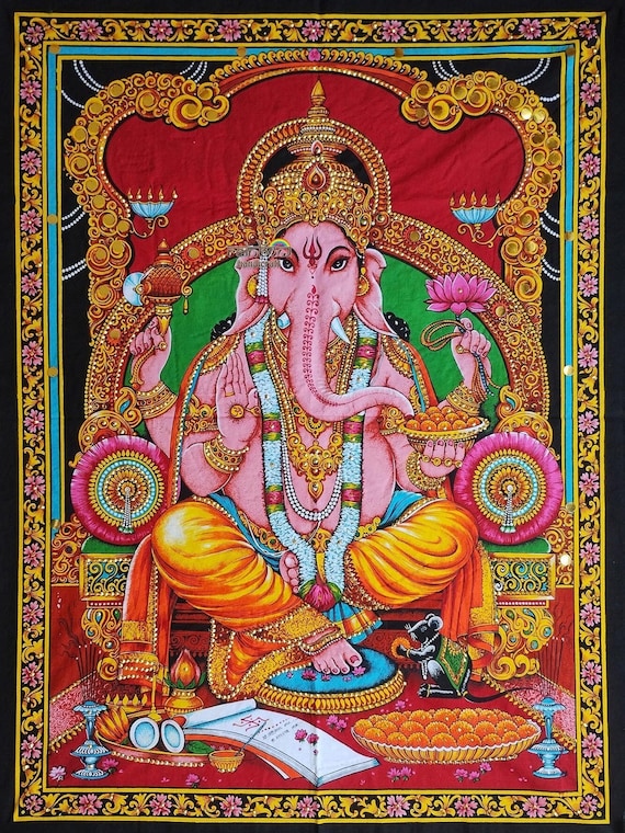 Hindu Lord Ganesha Tapestry - Spiritual God Ganesh Wall Hanging, Indian Sacred Room Decor