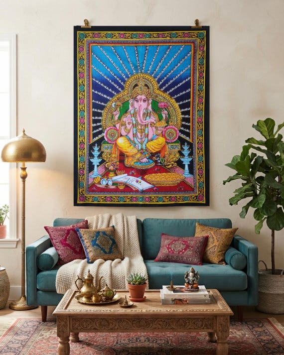 Lord Ganesha Tapestry, Hindu Mythology art, Wall Hanging Decor, Indian Poster Print