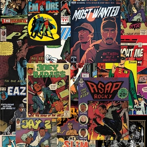 18 PCS Carteles de estilo cómico de rap vintage, carteles de rapero retro, carteles de estilo cómico, arte de pared de rapero, decoración de habitaciones, carteles de rapero cómico