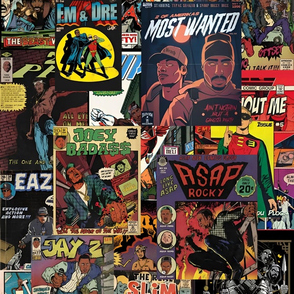 18 affiches de style bande dessinée rap vintage, affiches de rappeur rétro, affiches de style bande dessinée, oeuvre d'art murale de rappeur, décoration de chambre, affiches de rappeur comiques