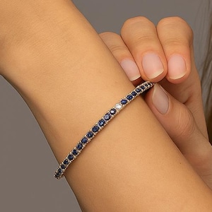 925 Silver Lab Created Sapphire Bracelet,Lab Blue Sapphire Tennis Bracelet,14k Gold Plated Tennis Bracelet,Bridal Jewelry,Bridesmaid Bracelt