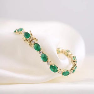 925 Silver Created Lab Emerald Oval With White Zirconia Bracelet,14k Gold Plated Tennis Bracelet,Bridesmaid Bracelet,Gift Girlfriend Gift