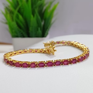 Oval Ruby Tennis Bracelet, Wedding Engagement Bracelet, July Birthstone Bracelet, 925 Silver Bracelet, Antique Ruby Bracelet Gift For Her.