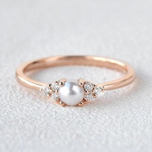 925 Silver Pearl Ring,14K Gold Diamond Pearl Ring,Dainty Freshwater Pearl Ring,Natural Pearl Ring,June birthstone Ring,Personalized gift for