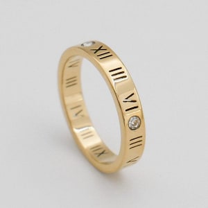 14k gold Roman numeral mossanite minimalist ring ,14k mossanite roman rings, 14k dainty mossanite roman rings , Roman Numeral rings .