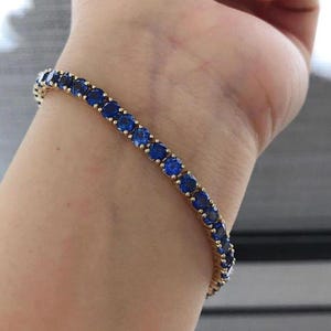 925 Silver Round Cut Blue Sapphire Tennis Chain Bracelet Gemstone Classic Tennis Bracelets | Round blue sapphire tennis bracelet gold Gift.