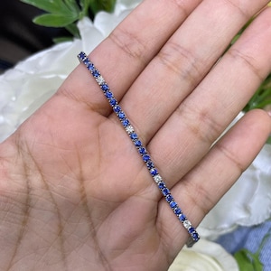 Blue Sapphire Diamond Tennis Bracelet, Sterling Silver, Gold Available