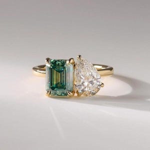 Vintage Toi Et Moi Engagement Ring, Tourmaline Moissanite Promise Ring, Engagement Ring, Two Stone Ring, Moi Et Toi Ring Anniversary Gift