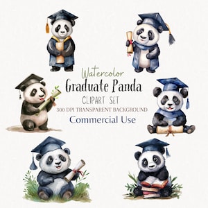 clipart de panda graduado em aquarela. gráfico de panda fofo. ilustração animal de formatura. lindas imagens de panda. ideia de presente de formatura POD Clipart