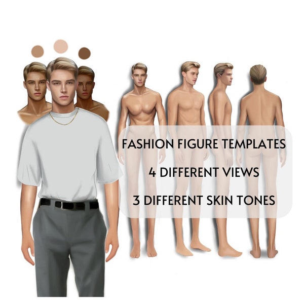Croquis de mode masculine, 3 couleurs de peau, 4 vues différentes, modèles de figures à 9 têtes, illustration de mode réaliste, procréer des figures masculines,