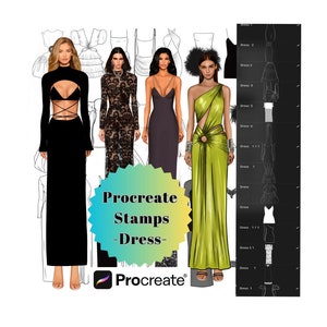 Procreate スタンプ ドレス、Procreate ブラシ、ファッション スタンプ、デザイナー向けドレス ブラシ、女性服ブラシ、女性ドレス AI