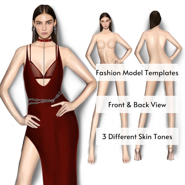 Female Fashion Croquis Templates, 9-Head Fashion Figure, Front and Back View, 3 Different Skin Tones, Realistic Fashion Illustration
