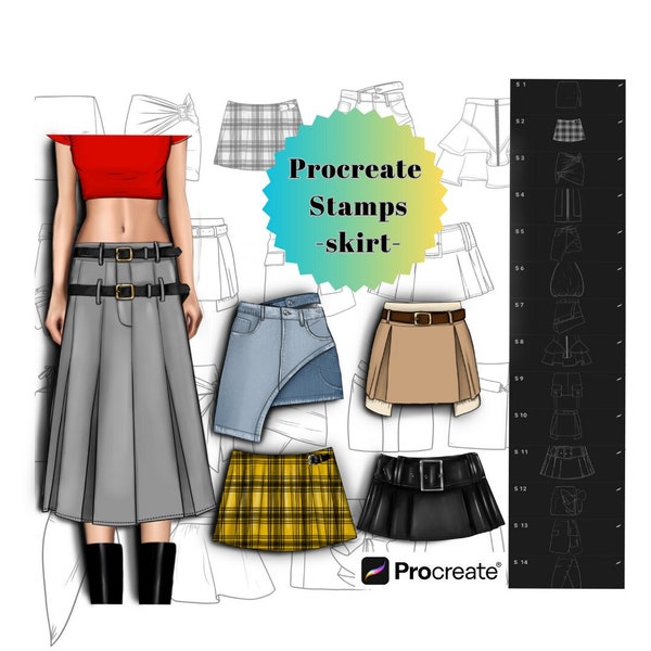 Tampons Procreate pour jupes, Pinceaux pour procréer, Tampons mode, Pinceaux pour jupes pour créateurs, Pinceaux pour jupes tendance, Tampons pour vêtements