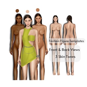 ファッションフィギュアテンプレート、正面図と背面図、3つの異なる肌の色、女性のクロッキー、リアルなファッションイラスト、Procreateフィギュア