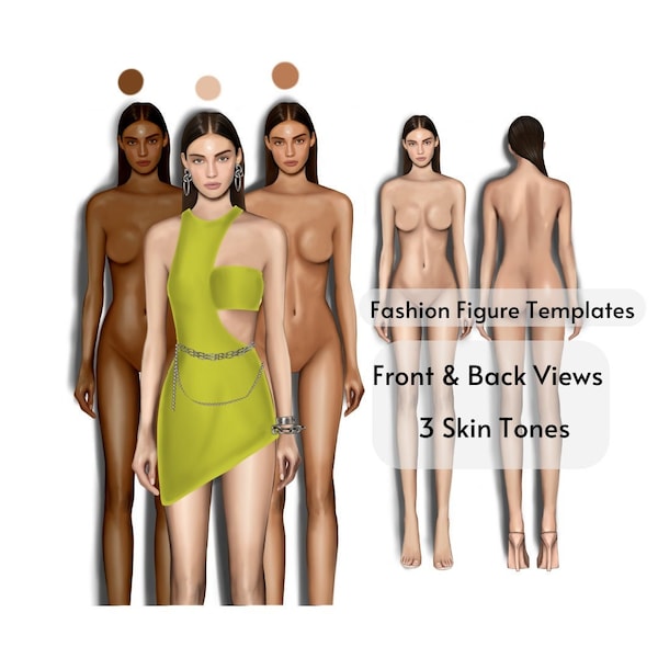 Fashion Figure Templates, Front and Back Views, 3 Different Skin Tones, Female Croquis, Realistic Fashion Illustration, Procreate Figure