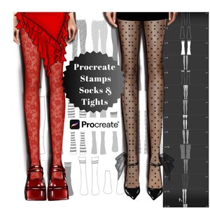 May include: Procreate Stamps Socks & Tights digital art stamps for use in the Procreate app. The image shows a variety of socks and tights with different patterns, including polka dots, stripes, and floral designs.