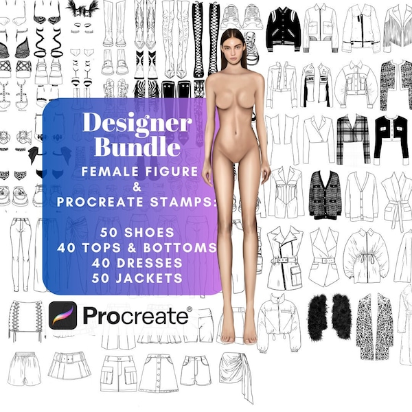 Fashion Designer Bundle, Weibliche Figur und Procreate Briefmarken, Mode Croquis, Procreate Briefmarken Set, Modedesign