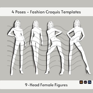 Female Fashion Croquis, 4 Poses Figure Templates, Designer Croquis, Line Fashion Figures, Procreate Croquis, Female Model Poses