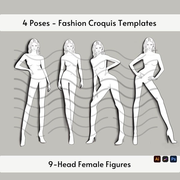 Female Fashion Croquis, 4 Poses Figure Templates, Designer Croquis, Line Fashion Figures, Procreate Croquis, Female Model Poses