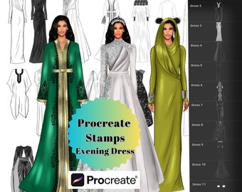 Abito da sera con francobolli Procreate, Abito con pennelli Procreate, Francobolli di moda, Pennelli per abiti da sera per designer, Pennelli Kaftan